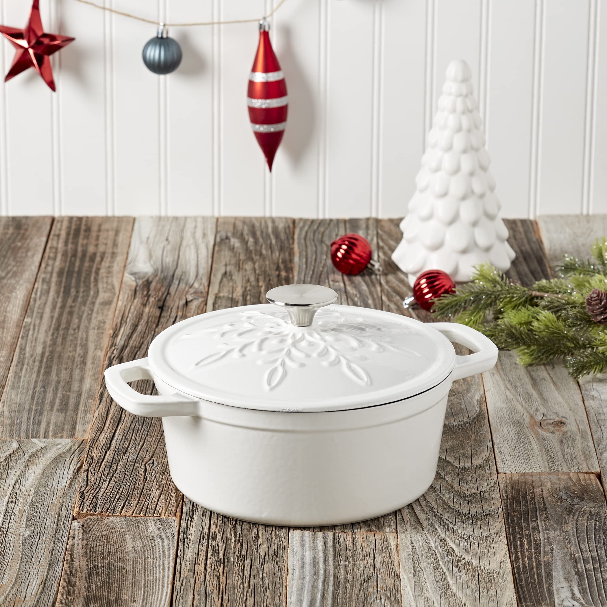 3-Quart Enameled Cast Iron Snowflake Dutch Oven, White - Image 5