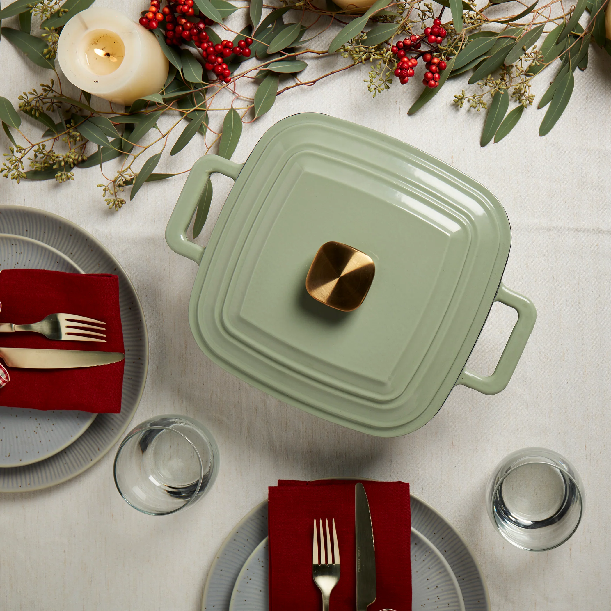 4-Quart Enameled Cast Iron Square Dutch Ovens, Matcha Green - Image 5