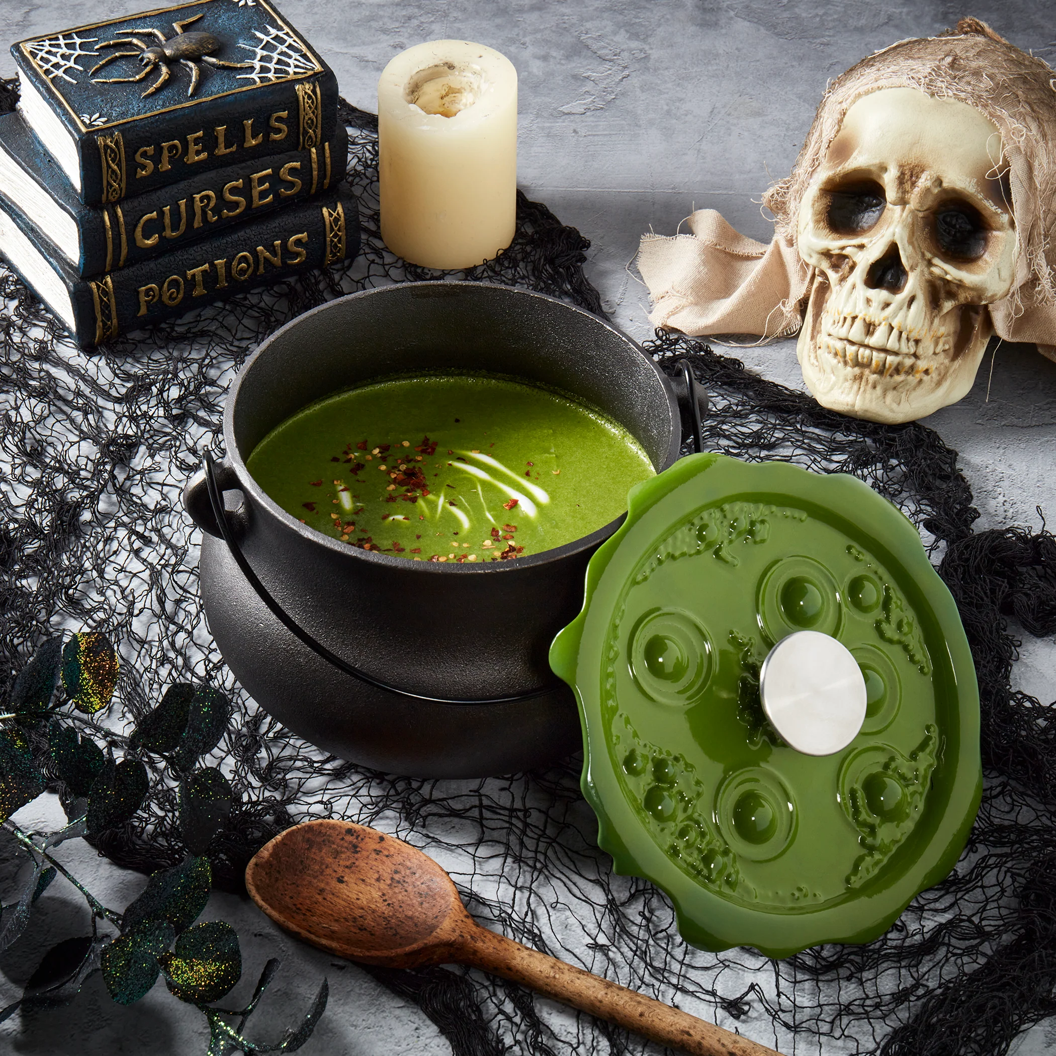4-Quart Cast Iron Cauldron Pot with Green 'Bubbling' Lid - Image 3