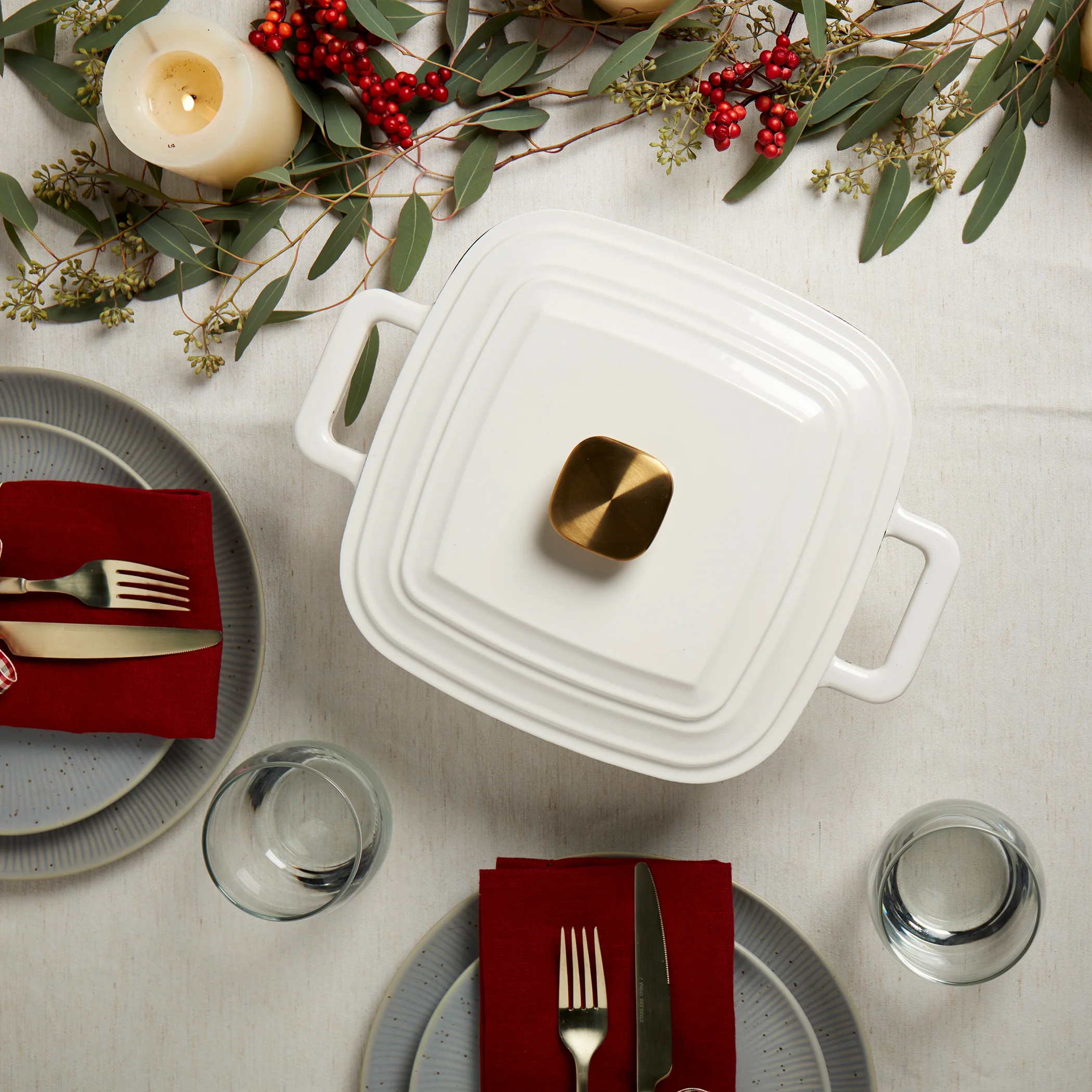 4-Quart Enameled Cast Iron Square Dutch Ovens, White - Image 4