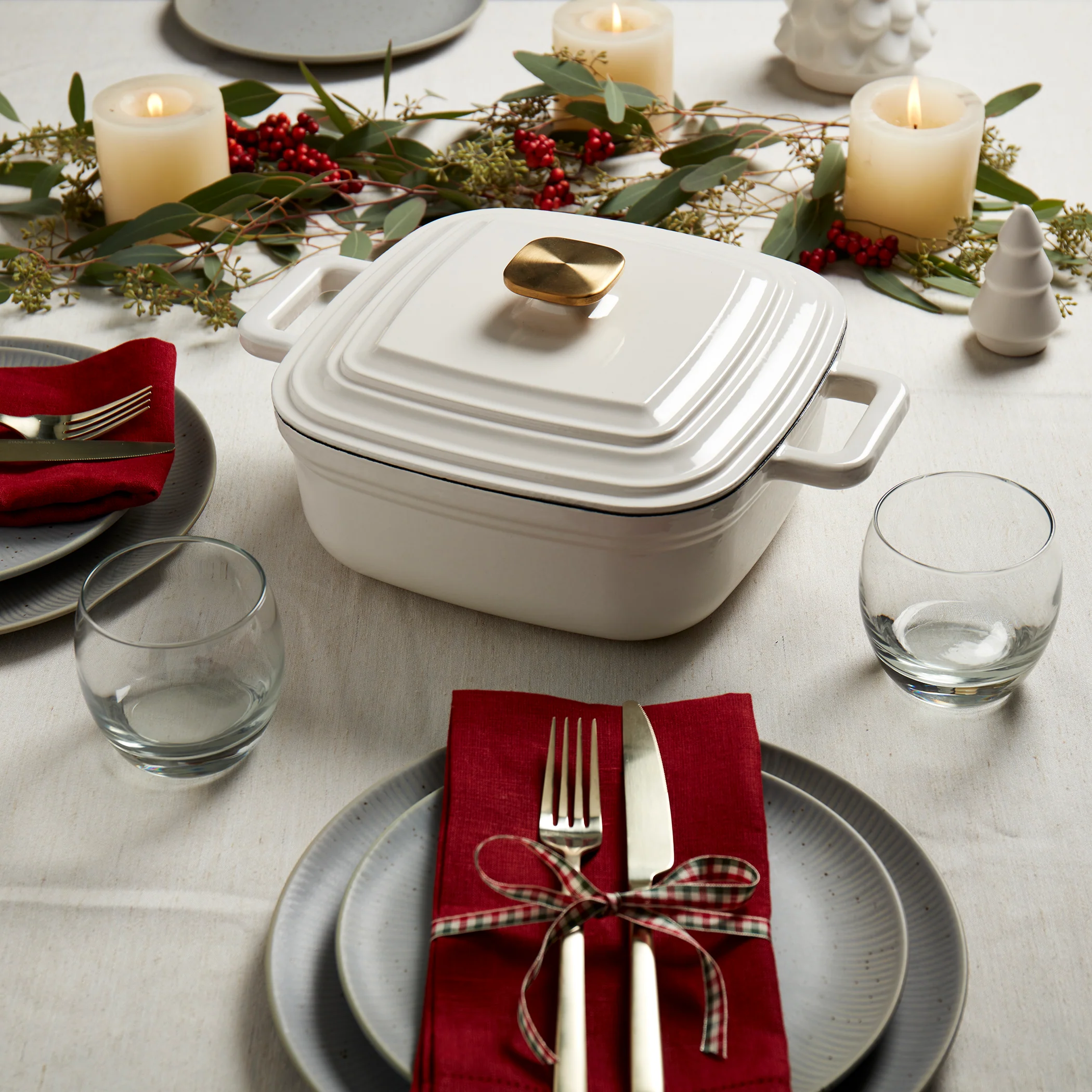 4-Quart Enameled Cast Iron Square Dutch Ovens, White - Image 6