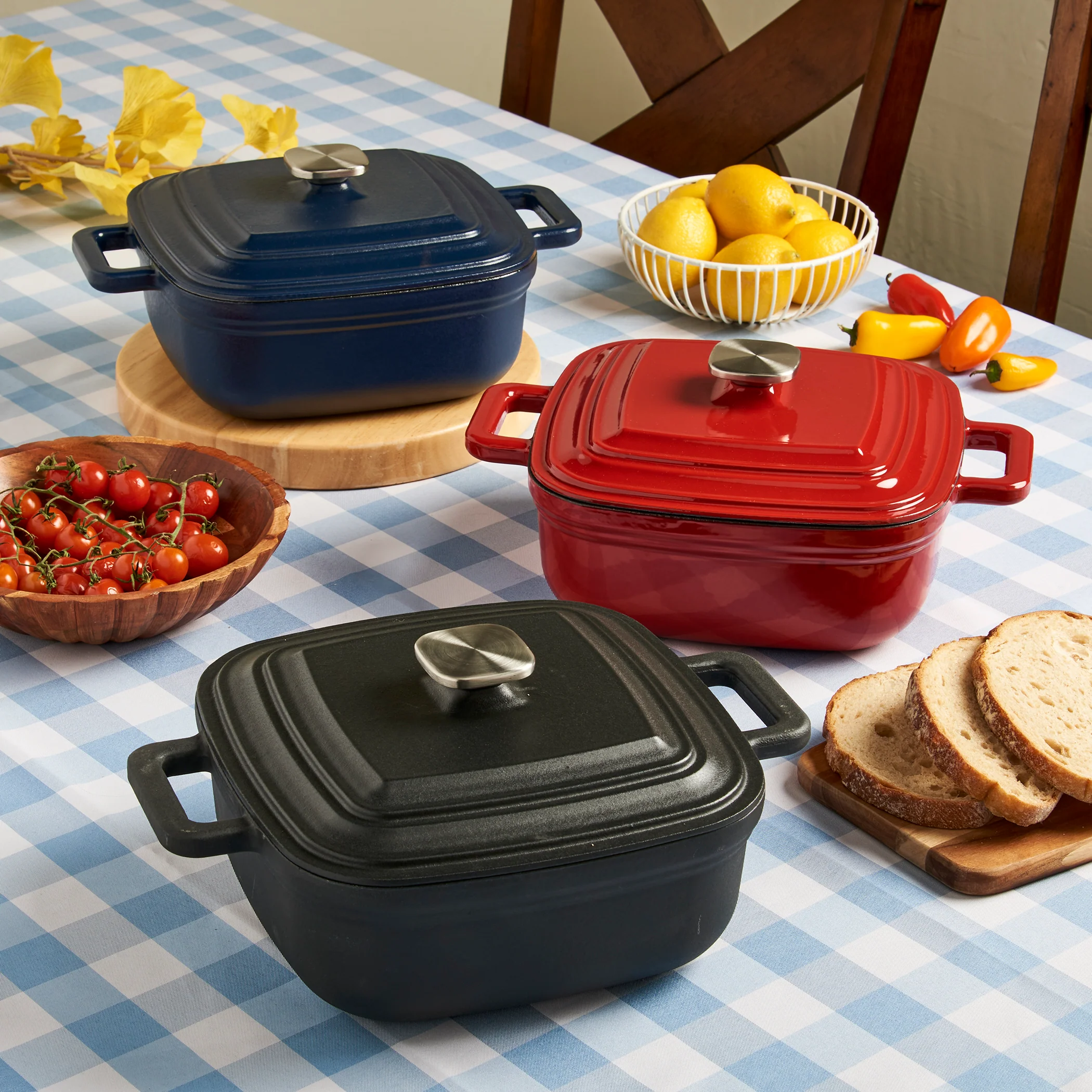 4-Quart Enameled Cast Iron Square Dutch Ovens, Red - Image 3