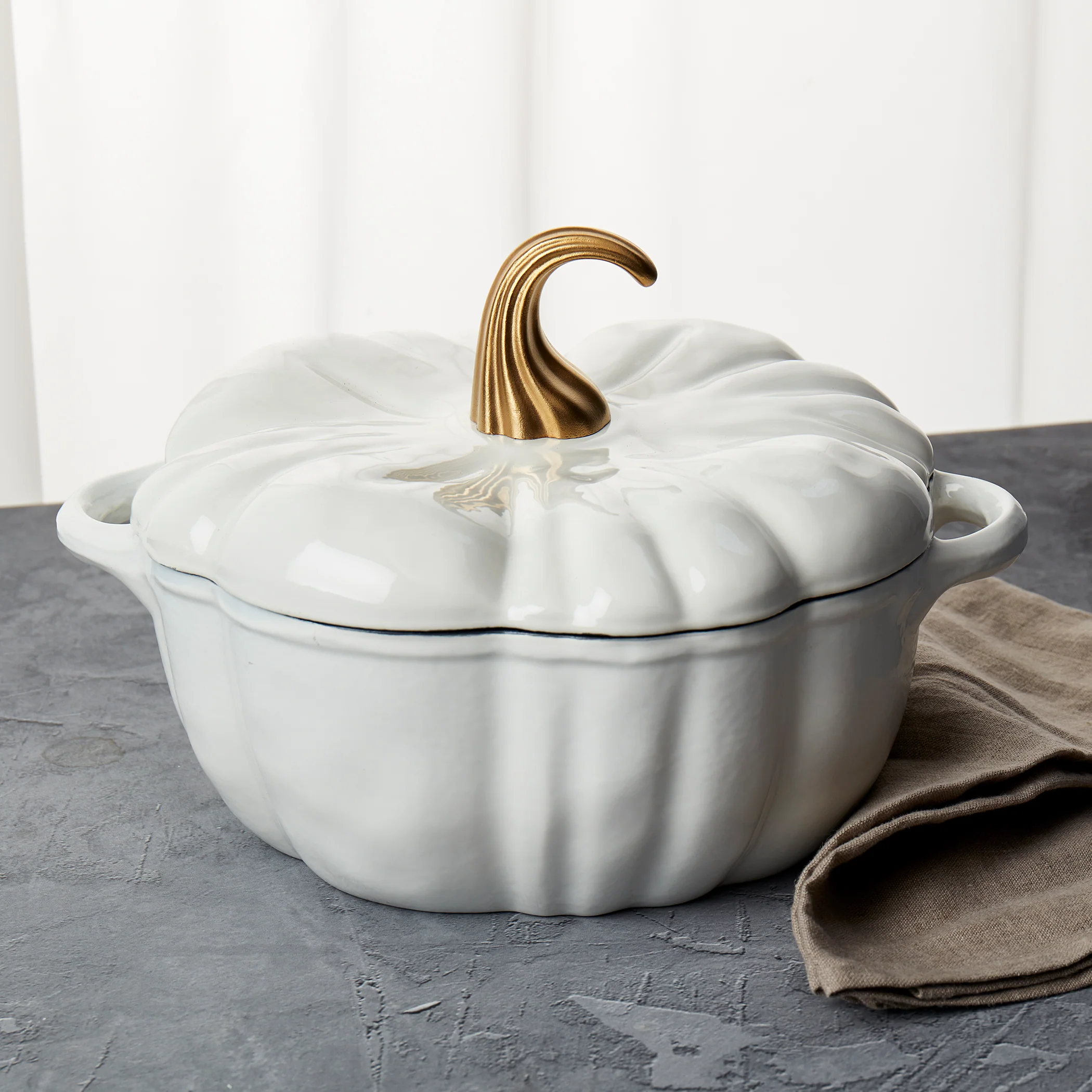 2-Quart / 4-Quart Enameled Cast Iron Pumpkin Dutch Ovens, White - Image 4